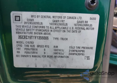 2000 Chevrolet Silverado 1500 Ls from USA, damaged, VIN 2GCEC19T1Y1356666